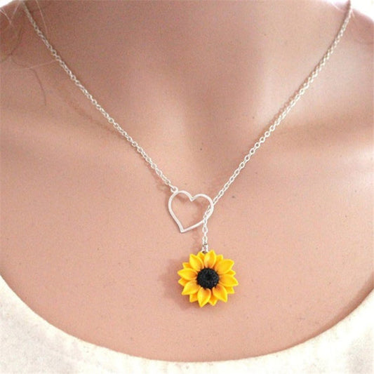 Vibrant Yellow Sunflower Heart Lariat Necklace