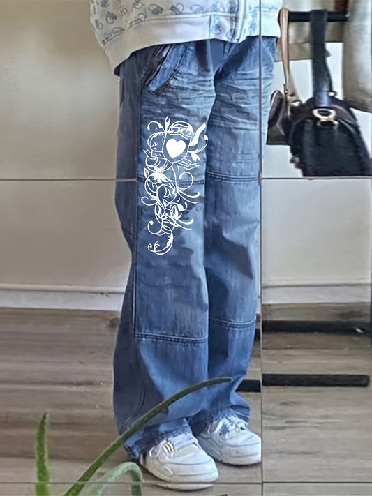 Trendy Washed Heart Pattern Cargo Jeans