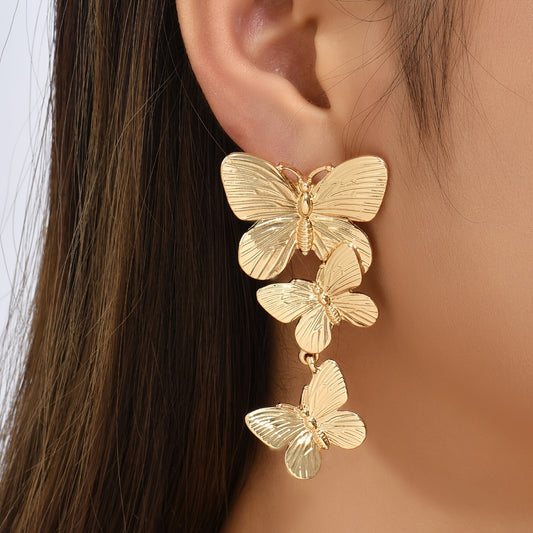 Large  Golden Plated Dangling Butterfly Earrings