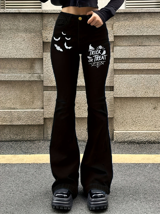 Black Skull & Letter Print Flare Jeans