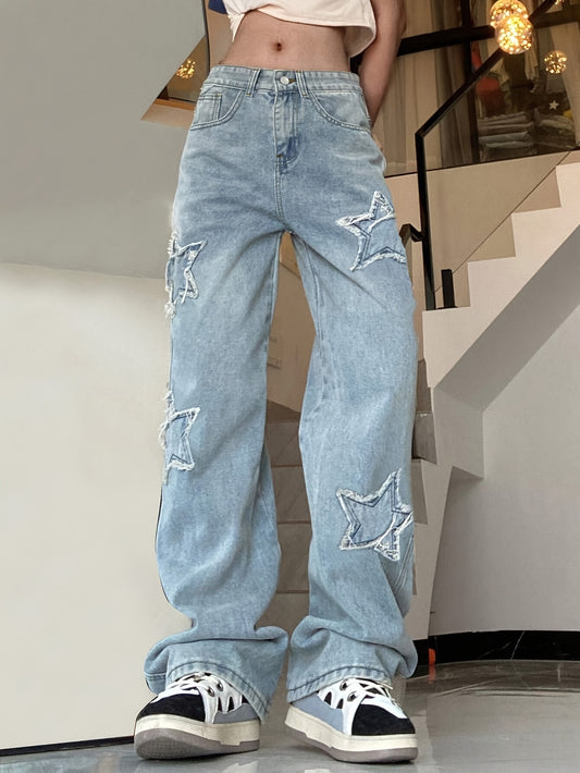 Vintage-Inspired Blue Star Wide-Leg Jeans