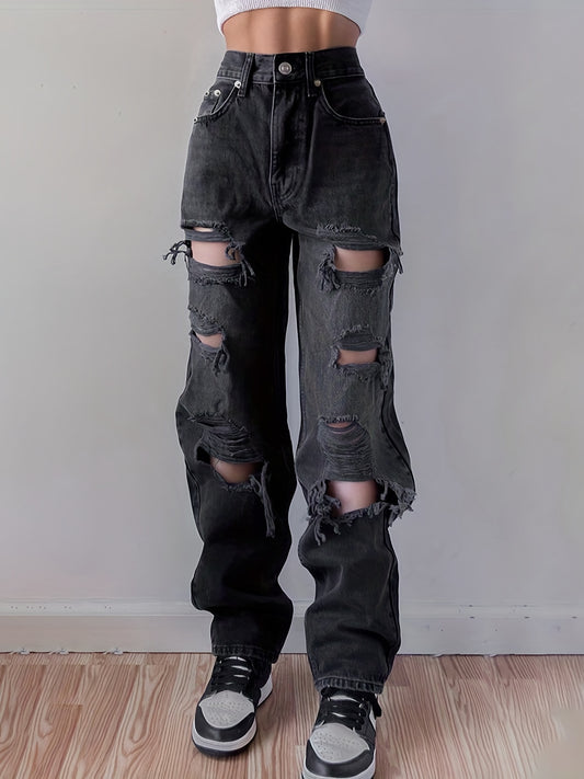 Plain Ripped Holes Straight Jeans