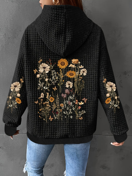 Black Floral Print Waffle Hoodie