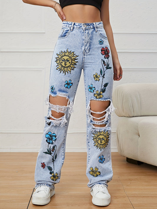 Chic Floral High-Waist Ripped Jeans