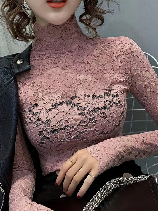 Lace Mock Neck Long Sleeve Slim Fit Top