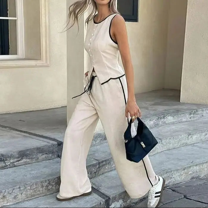 Blocked Round Neck Vest Top Wide Leg Pants Casual Set