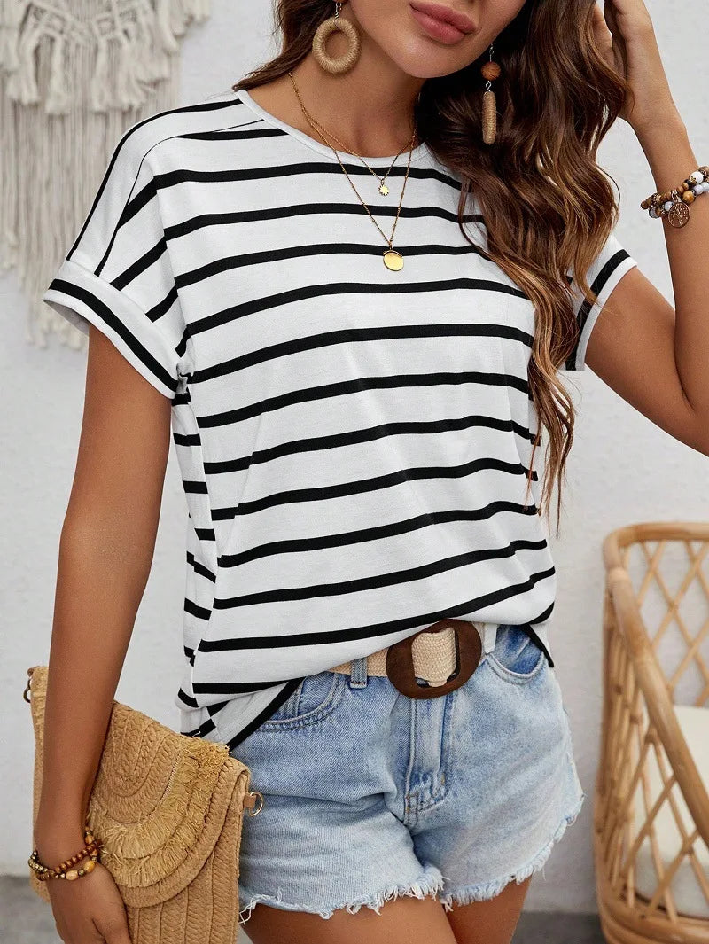 Round Neck Spliced Striped Short Sleeved Versatile Outerwear T-Shirt