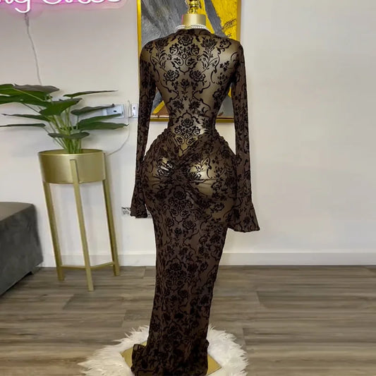 elegant semi high collar lace long sleeved dress