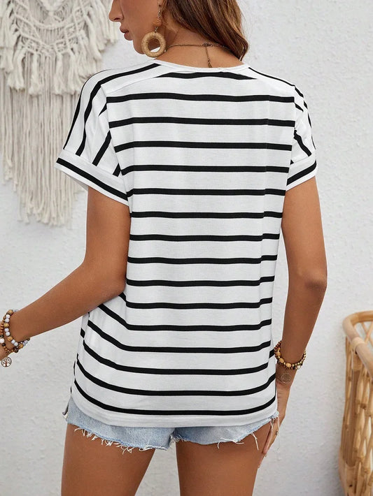 Round Neck Spliced Striped Short Sleeved Versatile Outerwear T-Shirt
