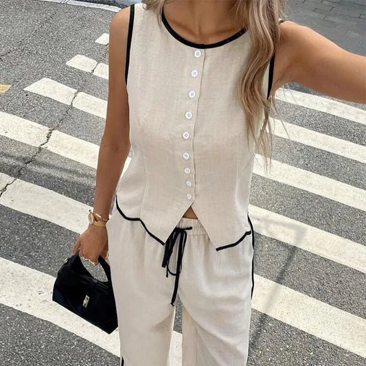 Blocked Round Neck Vest Top Wide Leg Pants Casual Set
