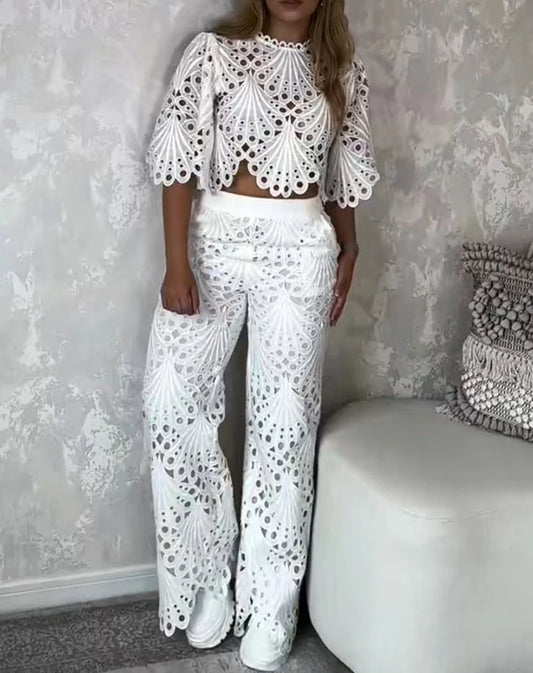 Lace Hollow Out Bell Sleeve Crop Top and Slim Fit Straight Leg Pants Set