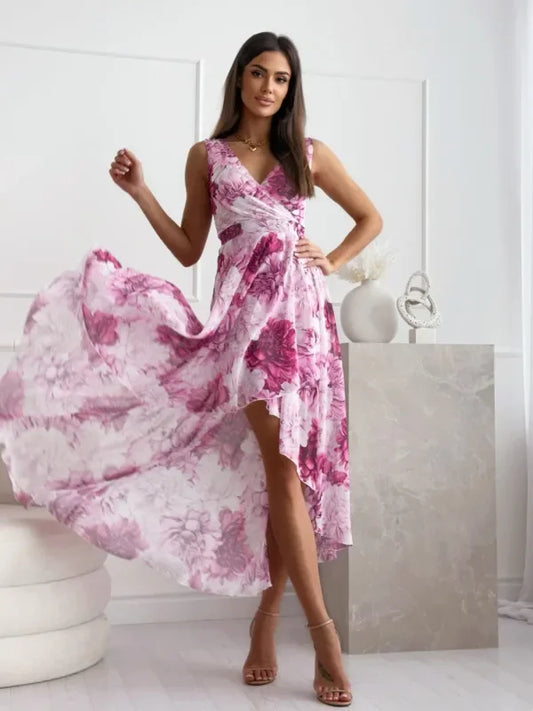 V-neck Pullover Ruffled Sleeveless Printed Dress