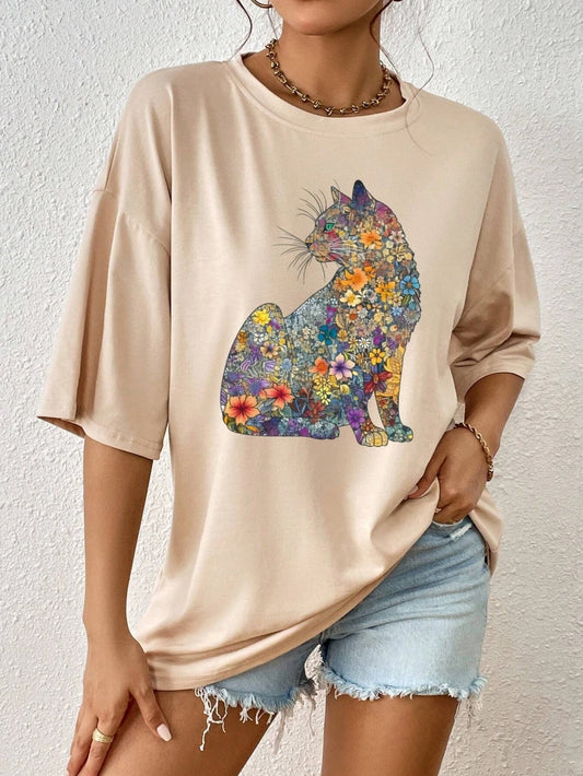 T-Shirt Flowers & Cats Short Sleeve Tees