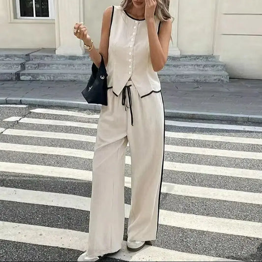 Blocked Round Neck Vest Top Wide Leg Pants Casual Set