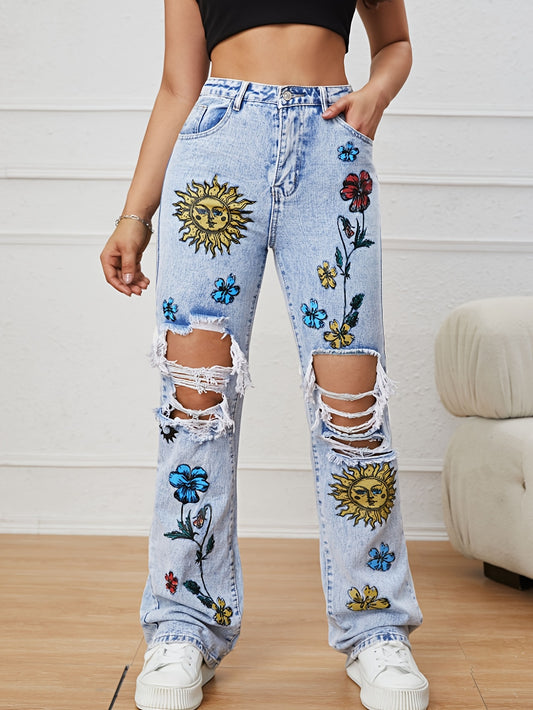 Chic Floral High-Waist Ripped Jeans