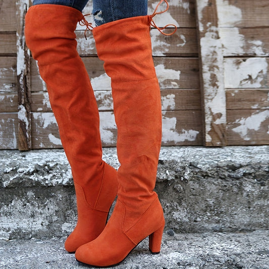 Round Toe Chunky Heel Long Boots