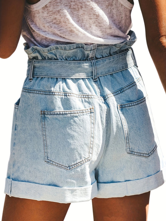 Waistband Tie Belt Denim Shorts