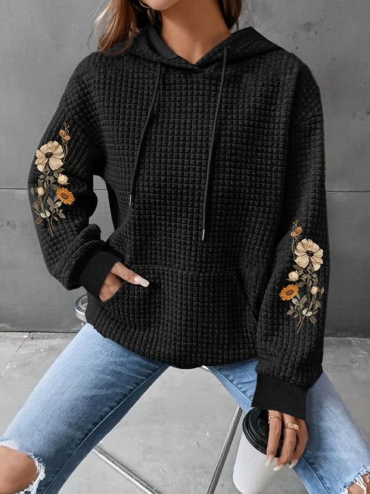 Black Floral Print Waffle Hoodie