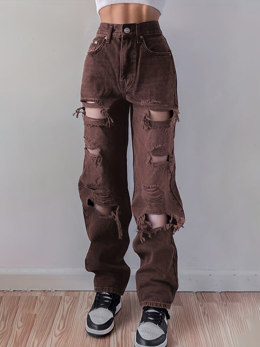 Plain Ripped Holes Straight Jeans