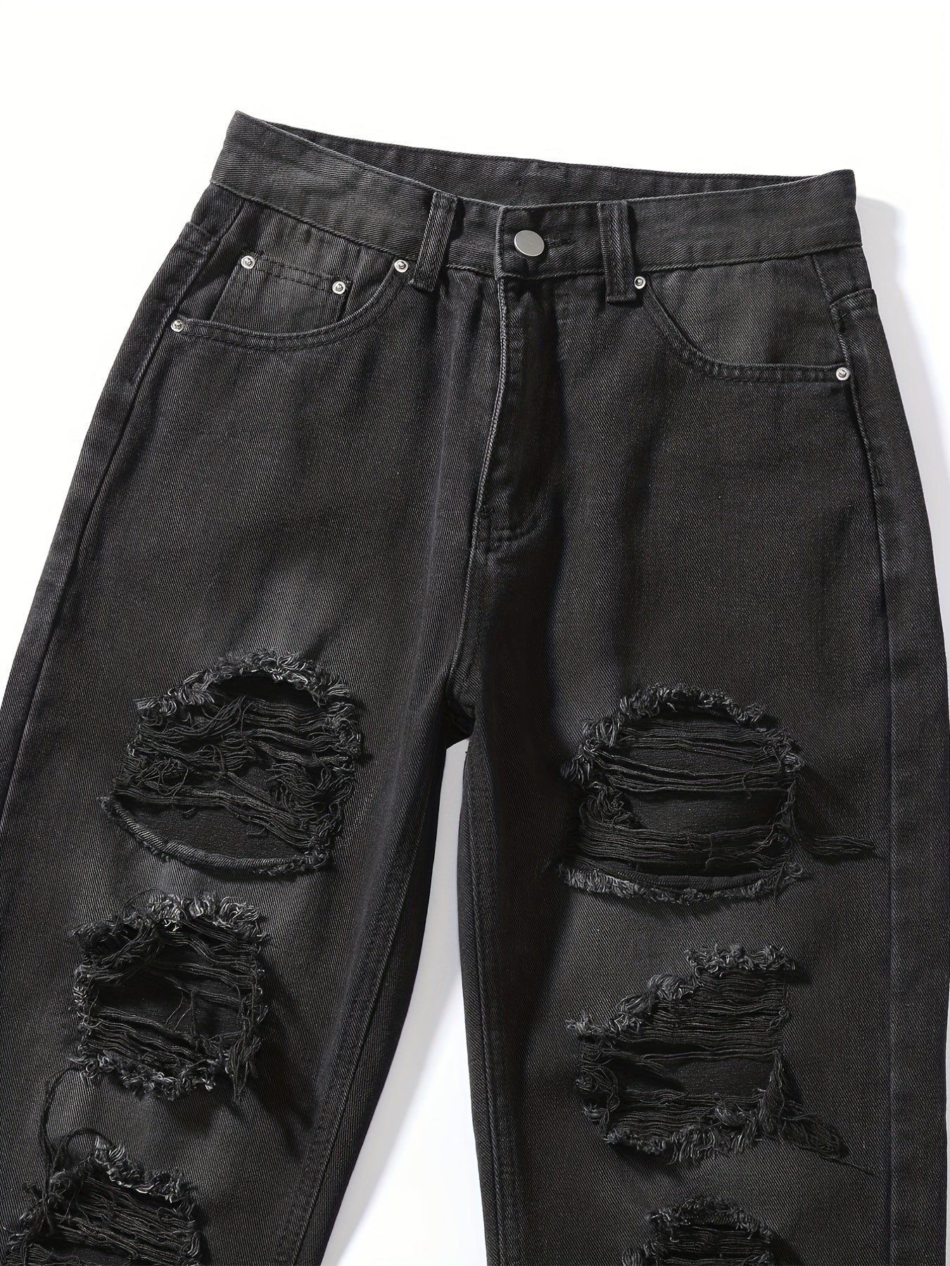 Plain Ripped Holes Straight Jeans