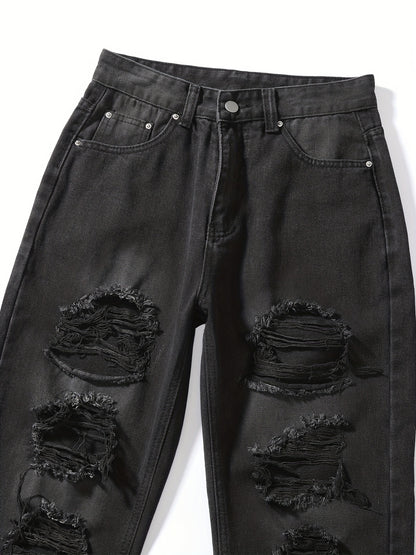 Plain Ripped Holes Straight Jeans