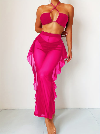 Semi-Sheer Fashion Ruched Crisscross Strap Mesh Bikini Set for Women
