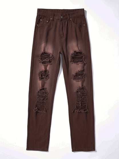 Plain Ripped Holes Straight Jeans