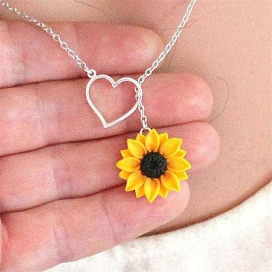 Vibrant Yellow Sunflower Heart Lariat Necklace