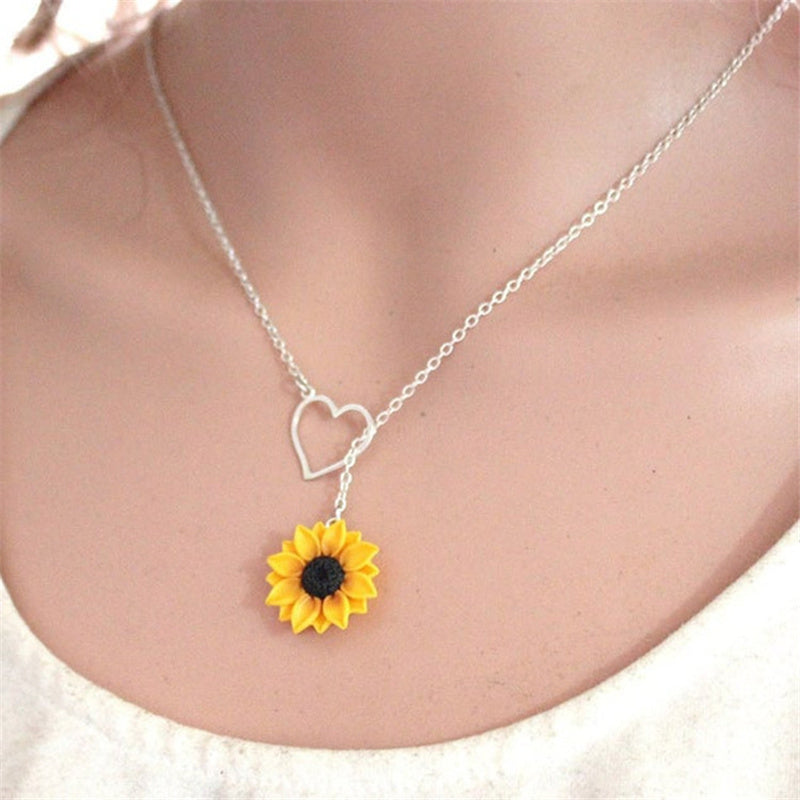 Vibrant Yellow Sunflower Heart Lariat Necklace