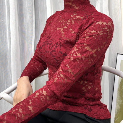 Lace Mock Neck Long Sleeve Slim Fit Top