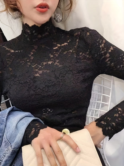 Lace Mock Neck Long Sleeve Slim Fit Top