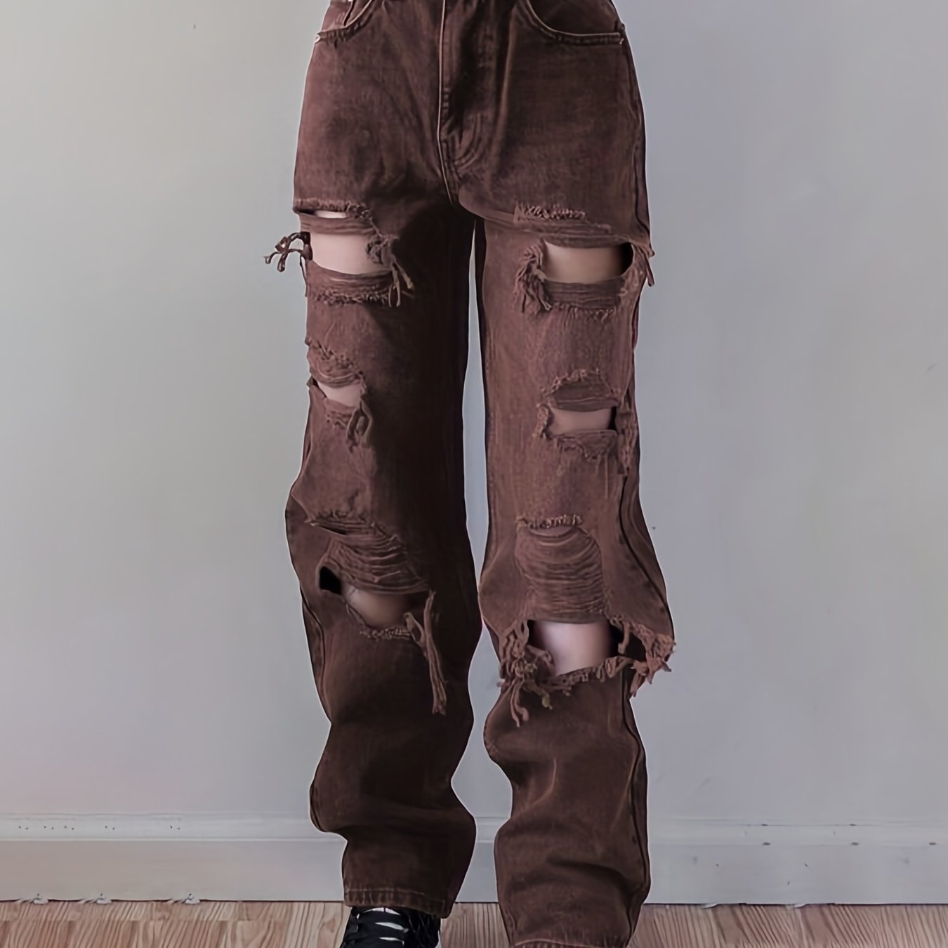 Plain Ripped Holes Straight Jeans