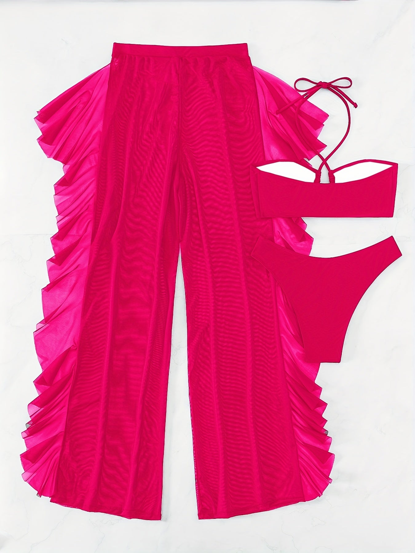 Semi-Sheer Fashion Ruched Crisscross Strap Mesh Bikini Set for Women