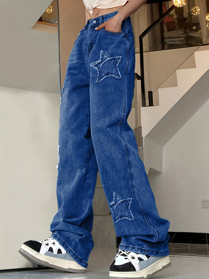 Vintage-Inspired Blue Star Wide-Leg Jeans