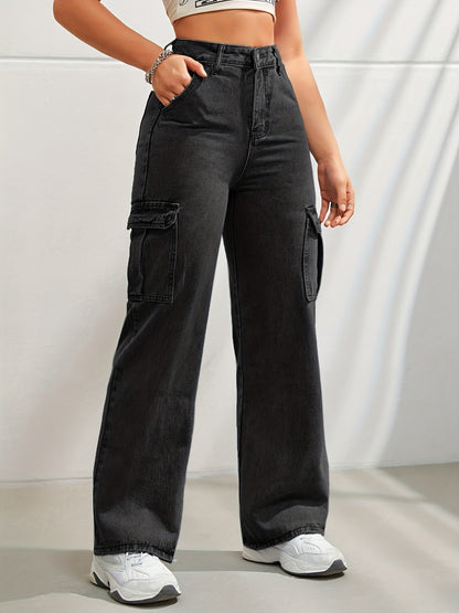 High-Waisted Denim Cargo Jeans