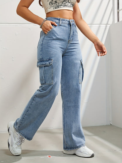 High-Waisted Denim Cargo Jeans
