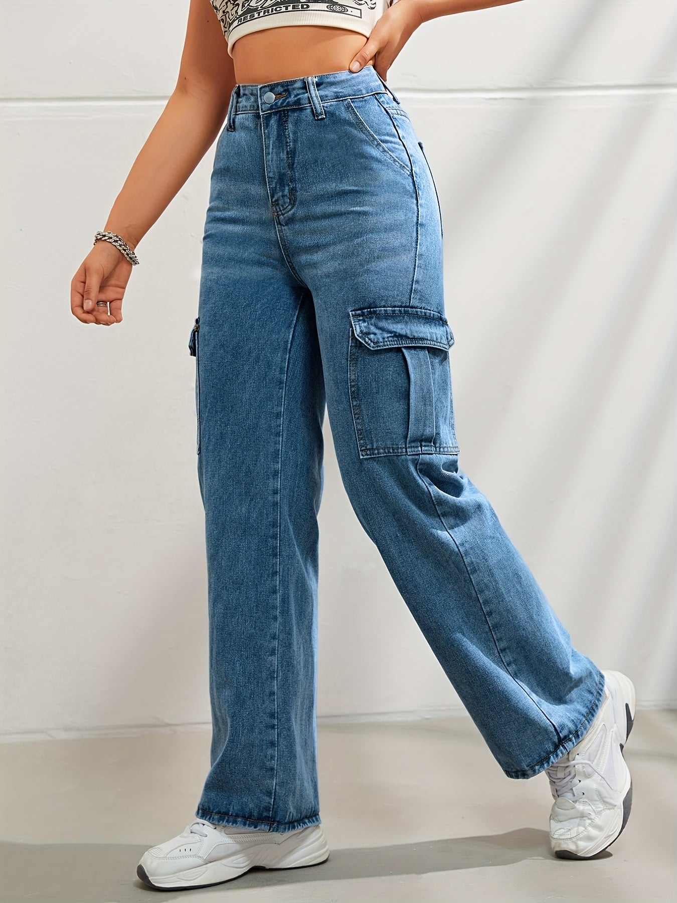 High-Waisted Denim Cargo Jeans