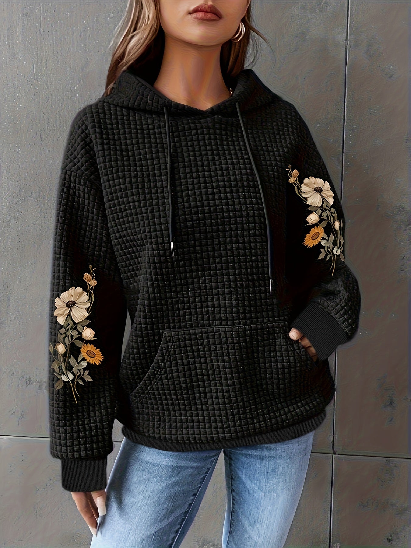 Black Floral Print Waffle Hoodie