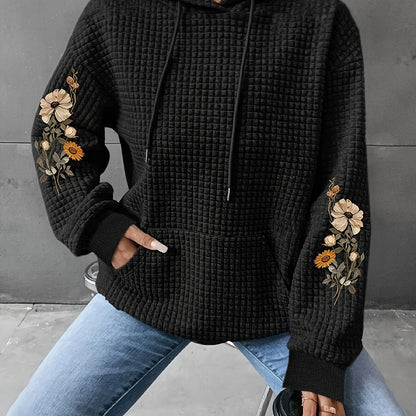 Black Floral Print Waffle Hoodie