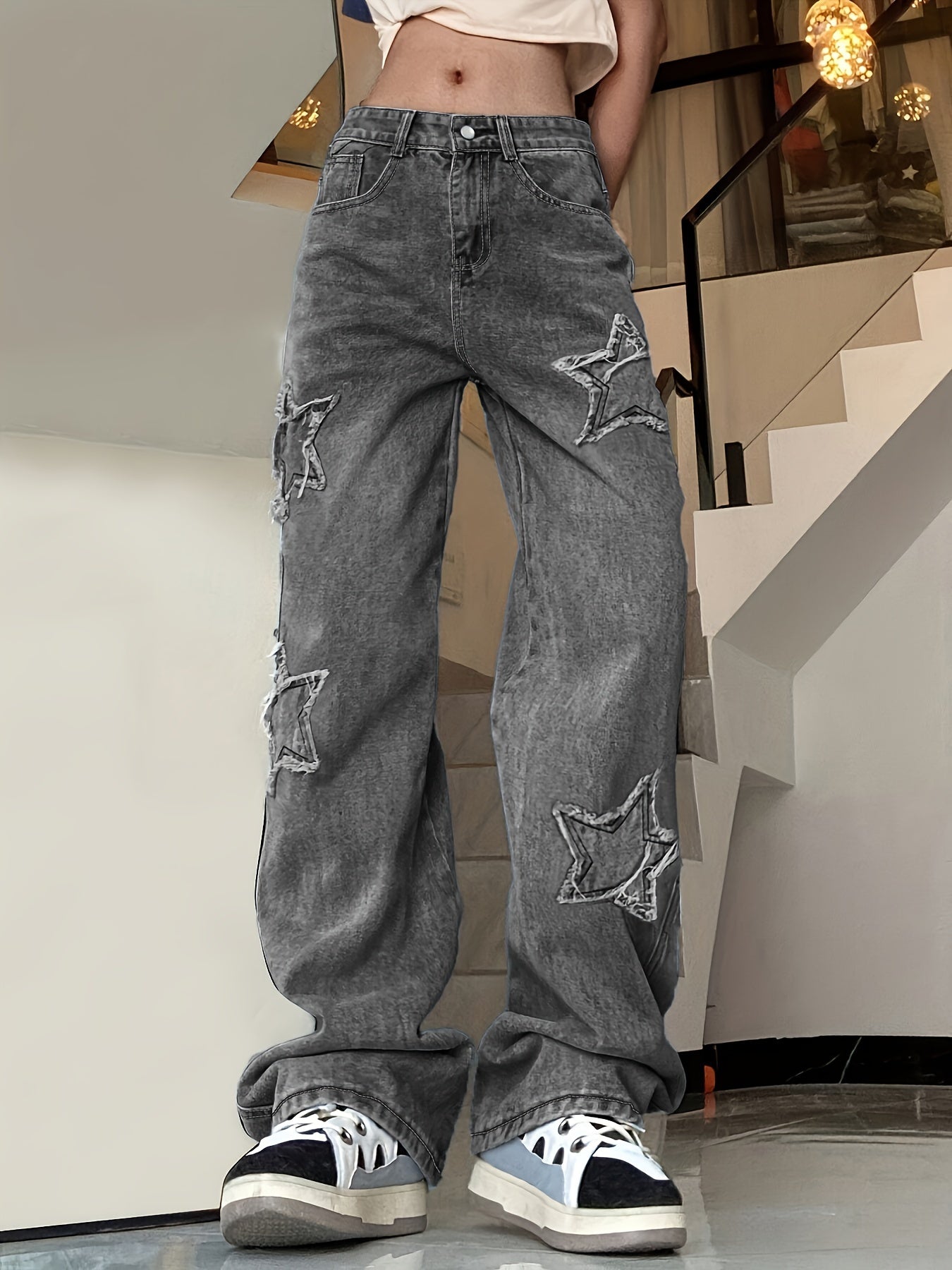 Vintage-Inspired Blue Star Wide-Leg Jeans