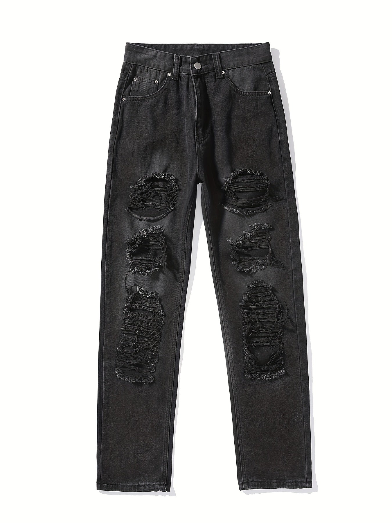 Plain Ripped Holes Straight Jeans