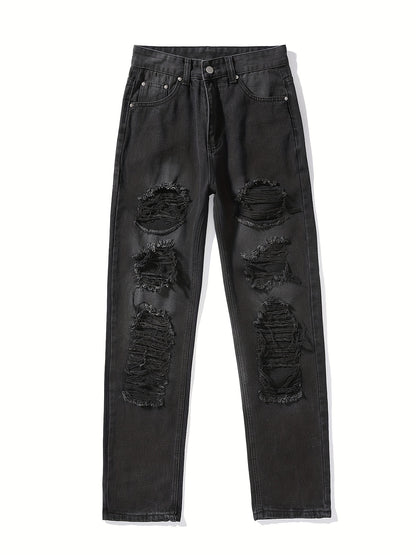 Plain Ripped Holes Straight Jeans