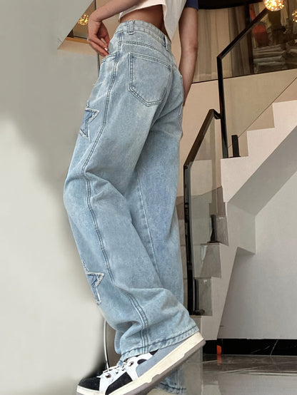 Vintage-Inspired Blue Star Wide-Leg Jeans