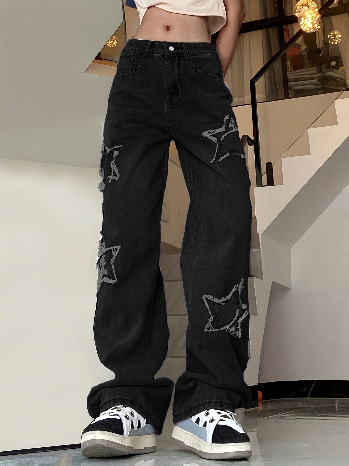 Vintage-Inspired Blue Star Wide-Leg Jeans
