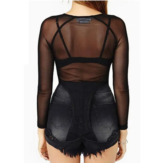 Long Sleeve Sexy Black Mesh Top