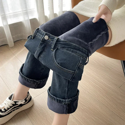Women Warm Plush Flared Jeans