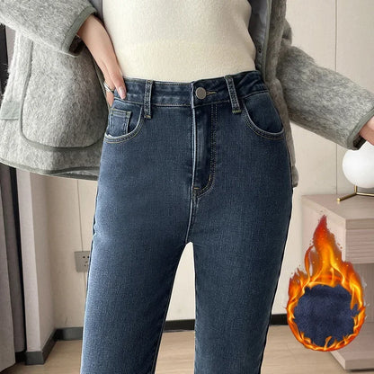 Women Warm Plush Flared Jeans