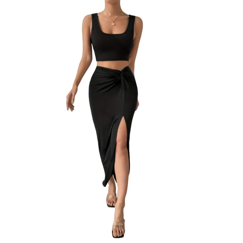 Sleeveless Vest Top Side Slit Long Skirt Suit