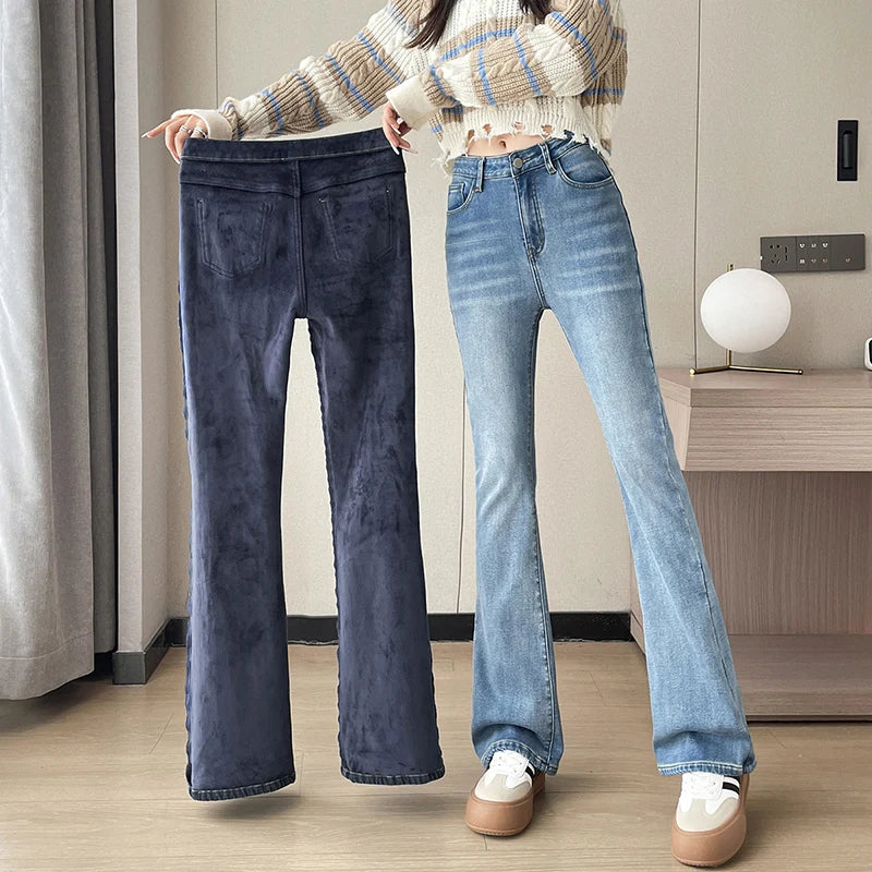 Women Warm Plush Flared Jeans