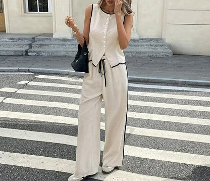 Blocked Round Neck Vest Top Wide Leg Pants Casual Set